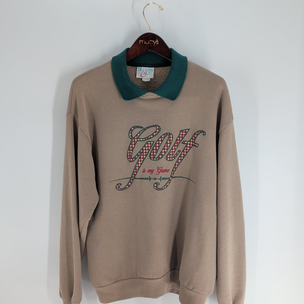 Blooming & Co. Golf Is My Game Spellout Collared Fleece Sweatshirt Tan Size M